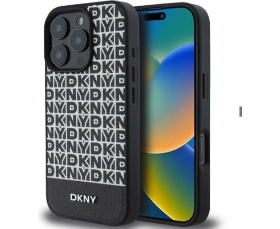 DKNY Apple  iPhone 16 Pro Max PU Leather Repeat Pattern Bottom Stripe MagSafe Case Black