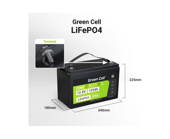 Green Cell Žalias Cell CUBE LiFePO4 125Ah 12,8V 1600Wh liio geležies fosfato baterija kemperiui, sauls energijai, neprijungtai prie tinklo, laivui Lithium Iron Phosphate (LiFePO4) 12.8 V