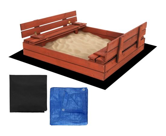 Slēdzama smilšu kaste ar soliņiem Springos SBP120SET02 120x120 cm impregnēts koks, ar plītaku un apakšklāju