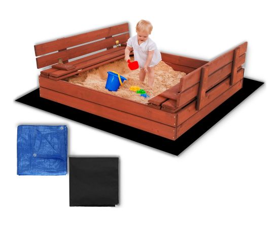 Slēdzama smilšu kaste ar soliņiem Springos SBP120SET02 120x120 cm impregnēts koks, ar plītaku un apakšklāju