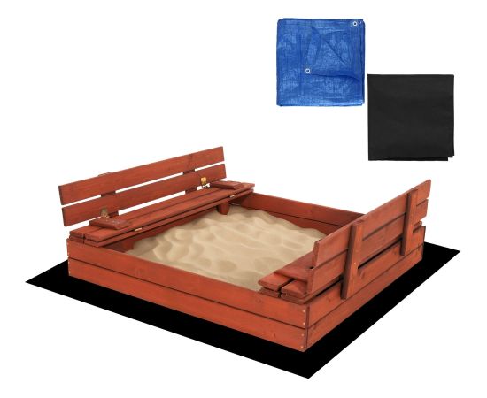Slēdzama smilšu kaste ar soliņiem Springos SBP120SET02 120x120 cm impregnēts koks, ar plītaku un apakšklāju