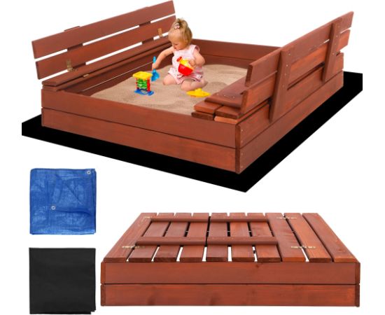Aizverama smilšu kaste ar soliņiem Springos SBP100SET04 100×100 cm impregnēta koksne, ar geotekstilu un plēvi, brūna