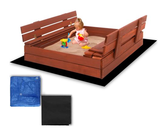 Aizverama smilšu kaste ar soliņiem Springos SBP100SET04 100×100 cm impregnēta koksne, ar geotekstilu un plēvi, brūna