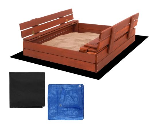 Aizverama smilšu kaste ar soliņiem Springos SBP100SET04 100×100 cm impregnēta koksne, ar geotekstilu un plēvi, brūna