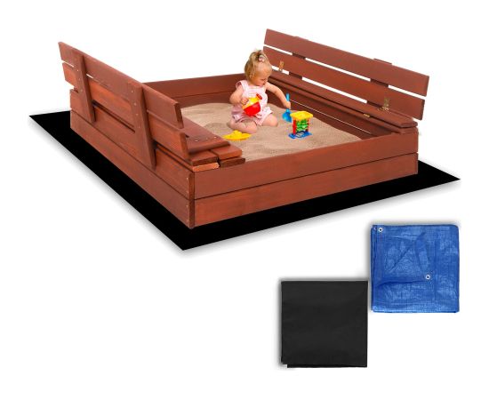 Aizverama smilšu kaste ar soliņiem Springos SBP100SET04 100×100 cm impregnēta koksne, ar geotekstilu un plēvi, brūna