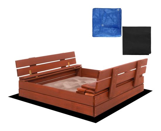 Aizverama smilšu kaste ar soliņiem Springos SBP100SET04 100×100 cm impregnēta koksne, ar geotekstilu un plēvi, brūna