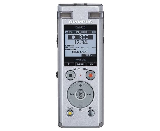 Olympus Digital Voice Recorder DM-720 Stereo/Tresmic, PCM/MP3, 18mm round dynamic speaker/ 150mW, Rechargeable, Microphone connection, MP3 playback, Silver,