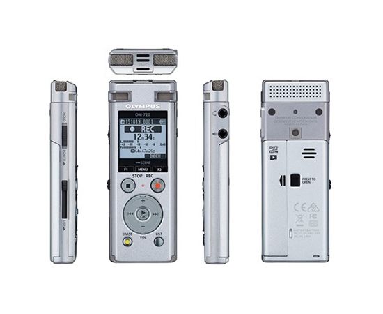 Olympus Digital Voice Recorder DM-720 Stereo/Tresmic, PCM/MP3, 18mm round dynamic speaker/ 150mW, Rechargeable, Microphone connection, MP3 playback, Silver,