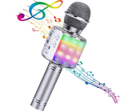 Bemi M85 Karaoke Mikrofonu Bērniem un Pieaugušajiem Ar Skaļruņiem & Ierakstu Micro SD USB Bluetooth Sudraba