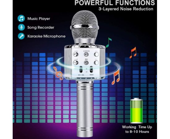 Bemi M85 Karaoke Mikrofonu Bērniem un Pieaugušajiem Ar Skaļruņiem & Ierakstu Micro SD USB Bluetooth Sudraba