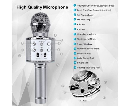 Bemi M85 Karaoke Mikrofonu Bērniem un Pieaugušajiem Ar Skaļruņiem & Ierakstu Micro SD USB Bluetooth Sudraba