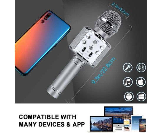 Bemi M85 Karaoke Mikrofonu Bērniem un Pieaugušajiem Ar Skaļruņiem & Ierakstu Micro SD USB Bluetooth Sudraba
