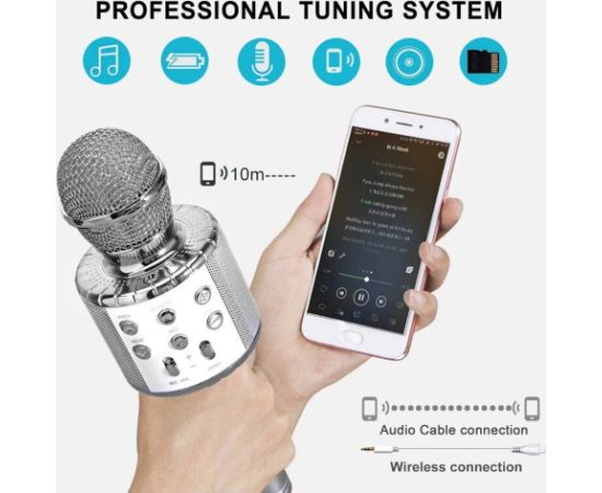 Bemi M85 Karaoke Mikrofonu Bērniem un Pieaugušajiem Ar Skaļruņiem & Ierakstu Micro SD USB Bluetooth Sudraba