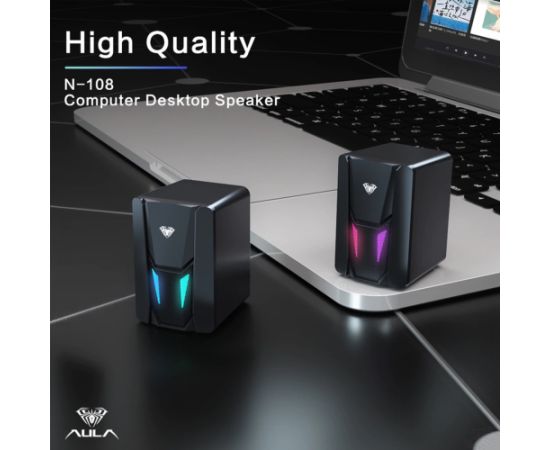 Aula N-108 Stilīgas Kompaktas Datora / Poratīvā 2.0 10W Stereo Skaļruņi 3.5mm + USB RGB + Pults Melna