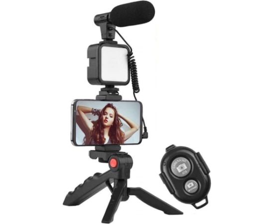 Elight Y9 Vlog Telefona Fiksācijas Video & Foto komplekts ar Led gaismu / Mikrofonu / Statīvu Melna