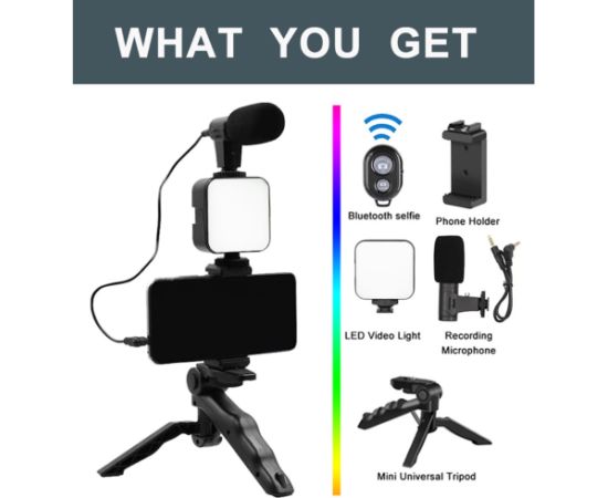 Elight Y9 Vlog Telefona Fiksācijas Video & Foto komplekts ar Led gaismu / Mikrofonu / Statīvu Melna