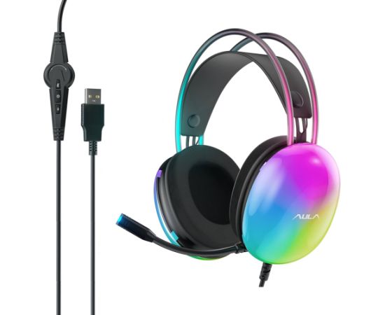 Aula S505 RGB Gaismas Spēļu Austiņas 50mm skaļruņi 2.1m USB2.0 HD audio/mikrofona kabelis Melns