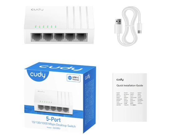 Cudy GS105U NetSwitch 5-Port Gigabit Slēdzis USB-C Barošana IGMP QoS Cikla Novēršana Balts