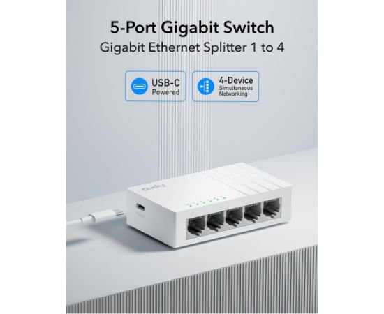 Cudy GS105U NetSwitch 5-Port Gigabit Slēdzis USB-C Barošana IGMP QoS Cikla Novēršana Balts