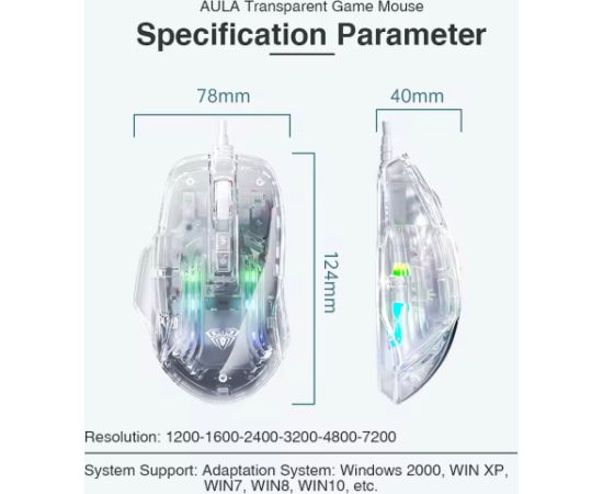 Aula S80 Multi-Color RGB Led Vadu Spēļu Optiskā Pele 7 Pogas 1200-7200dpi ar Caurspīdīgu Korpusu
