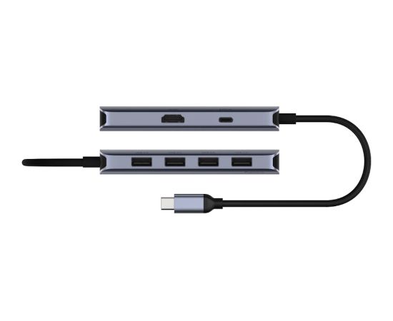 Cudy UH500 PortMate USB-C 6-in-1 centrmezgls 4K 30Hz HDMI USB-C PD 4x USB-A 3.0 Alumīnija pelēks