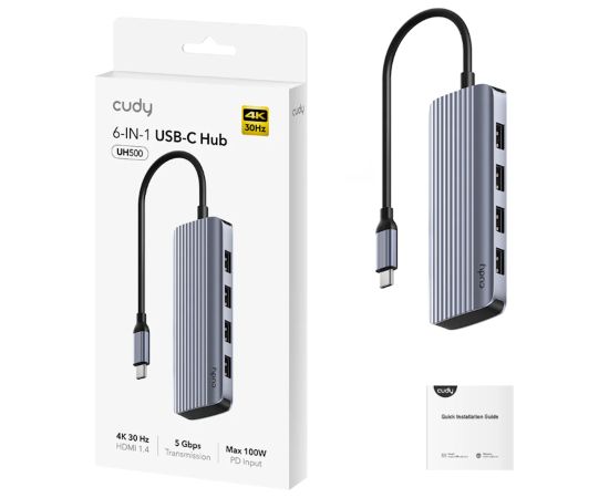 Cudy UH500 PortMate USB-C 6-in-1 centrmezgls 4K 30Hz HDMI USB-C PD 4x USB-A 3.0 Alumīnija pelēks