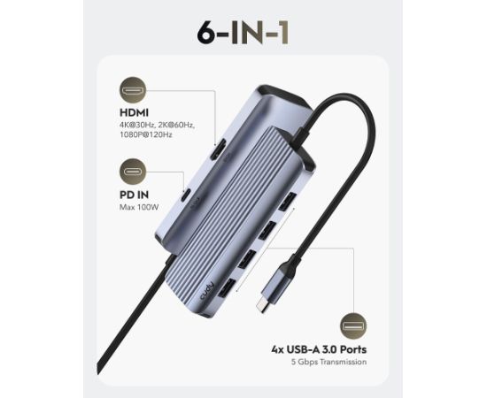 Cudy UH500 PortMate USB-C 6-in-1 centrmezgls 4K 30Hz HDMI USB-C PD 4x USB-A 3.0 Alumīnija pelēks