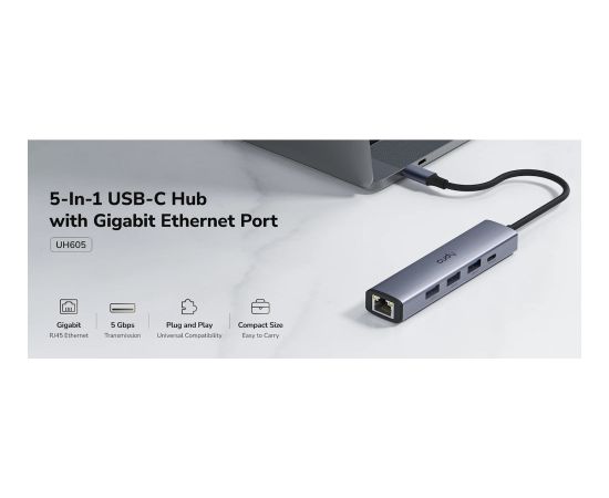Cudy UH605 PortMate USB-C 5-in-1 Hub Gigabit LAN 3x USB-A 3.0 Power Input Alumīnija Pelēks