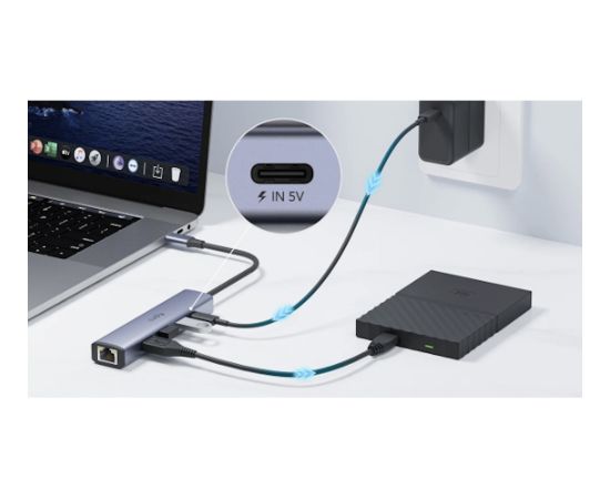 Cudy UH605 PortMate USB-C 5-in-1 Hub Gigabit LAN 3x USB-A 3.0 Power Input Alumīnija Pelēks