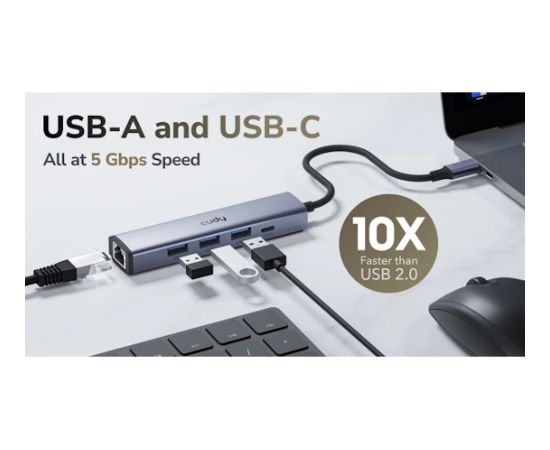 Cudy UH605 PortMate USB-C 5-in-1 Hub Gigabit LAN 3x USB-A 3.0 Power Input Alumīnija Pelēks