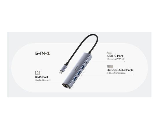 Cudy UH605 PortMate USB-C 5-in-1 Hub Gigabit LAN 3x USB-A 3.0 Power Input Alumīnija Pelēks