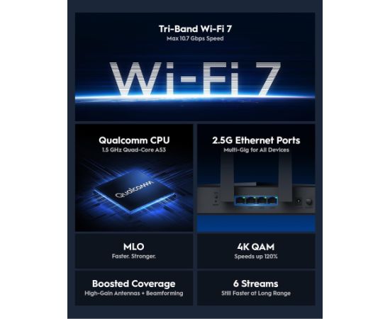 Cudy WR11000 BE11000 Triju joslu Wi-Fi 7 maršrutētājs 4× 2.5G porti VPN MLO WPA3 Mesh melns