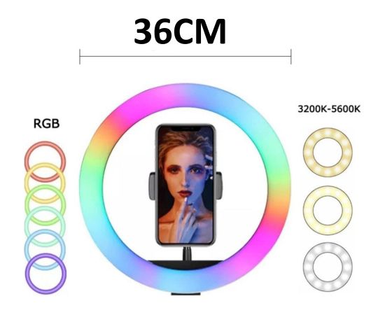 Elight RGB14 36см 2в1 Белый и Цветной RGB Светодиодное Кольцо с Держателем для Смартфона + Bluetooth Пульт Черный