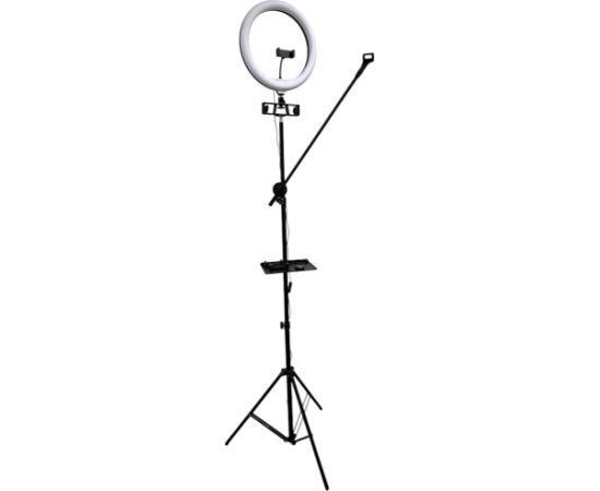 iLike S12 LED 20W Selfie 31cm Gredzena Gaisma Lampa + Statīvs 2.1m + Plaukts & 3x telefona / mikrofona turētājs Melns