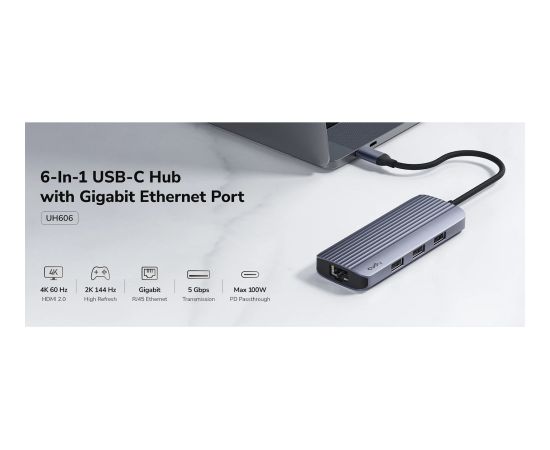 Cudy UH606 PortMate USB-C 6-in-1 Hubs 4K 60Hz HDMI Gigabit LAN 3x USB-A Enerģijas Ieeja Pelēks