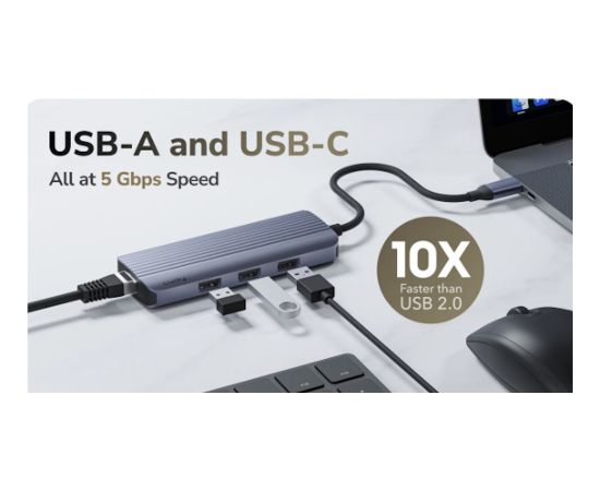 Cudy UH606 PortMate USB-C 6-in-1 Hubs 4K 60Hz HDMI Gigabit LAN 3x USB-A Enerģijas Ieeja Pelēks