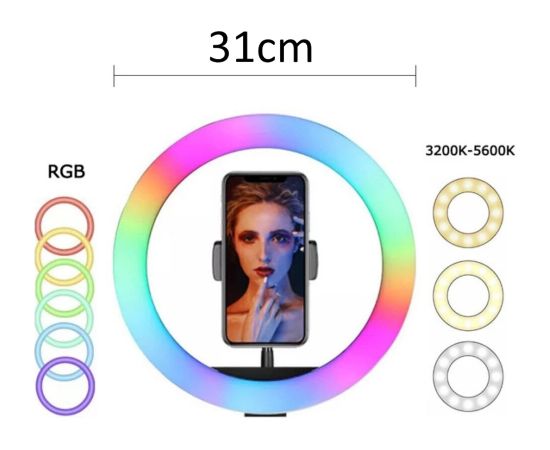Elight RGB12 31cm 2in1 Baltais un Krāsainais RGB LED Gaismas Gredzens ar Viedtālruņa Turētāju + BT Tālvadības Pults Melns