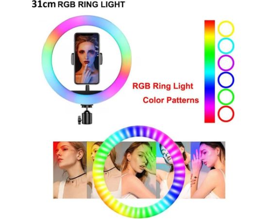 Elight RGB12 31cm 2in1 Baltais un Krāsainais RGB LED Gaismas Gredzens ar Viedtālruņa Turētāju + BT Tālvadības Pults Melns