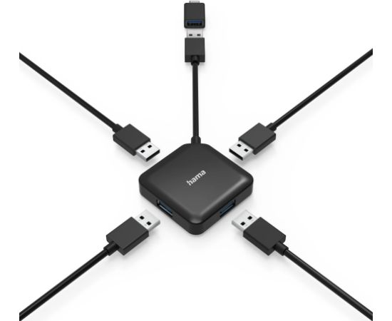 Hama USB 3.0 Hub 4x USB-A Ports ar USB-C Adapteri Kompakts Dizains