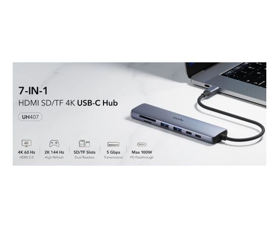 Cudy UH407 PortMate USB-C 7-в-1 Хаб 4K 60Hz HDMI USB-C PD USB-A SD TF Алюминиевый Серый