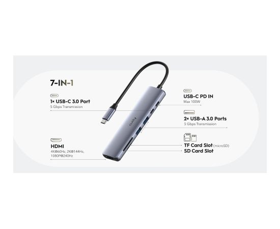 Cudy UH407 PortMate USB-C 7-в-1 Хаб 4K 60Hz HDMI USB-C PD USB-A SD TF Алюминиевый Серый