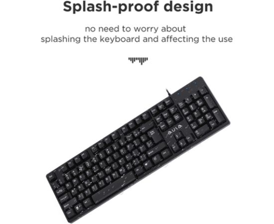 Aula AK205 Ergonomiska klusu taustiņu klaviatūra ar 104 pogām EN / RUS izkārtojums 1.5m USB Vads Melna
