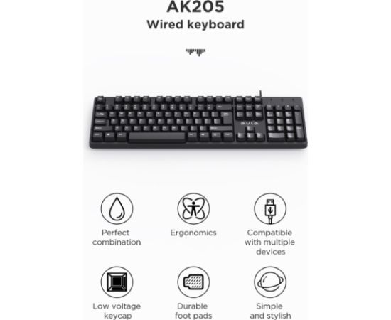 Aula AK205 Ergonomiska klusu taustiņu klaviatūra ar 104 pogām EN / RUS izkārtojums 1.5m USB Vads Melna