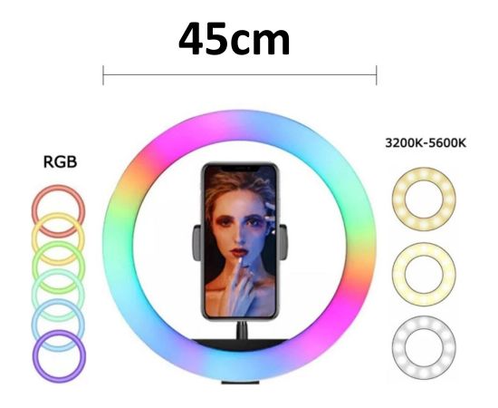 Elight RGB18 45cm 2in1 Balta & Krāsu RGB LED Gaismas Gredzens ar Viedtālruņa Turētāju + BT Tālvadība Melns