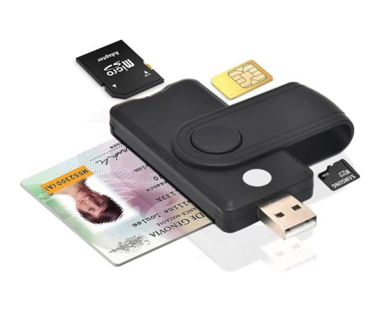CP ID4 4-in-1 USB 2.0 Kompakts ID karšu lasītājs ar SIM SD Micro SD (8.5x3.3cm) Melns