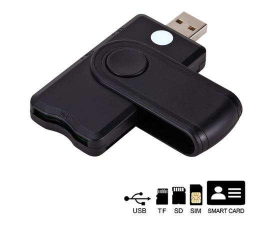 CP ID4 4-in-1 USB 2.0 Kompakts ID karšu lasītājs ar SIM SD Micro SD (8.5x3.3cm) Melns