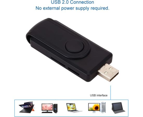 CP ID4 4-in-1 USB 2.0 Kompakts ID karšu lasītājs ar SIM SD Micro SD (8.5x3.3cm) Melns
