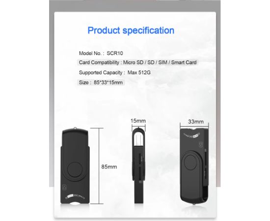 CP ID4 4-in-1 USB 2.0 Kompakts ID karšu lasītājs ar SIM SD Micro SD (8.5x3.3cm) Melns