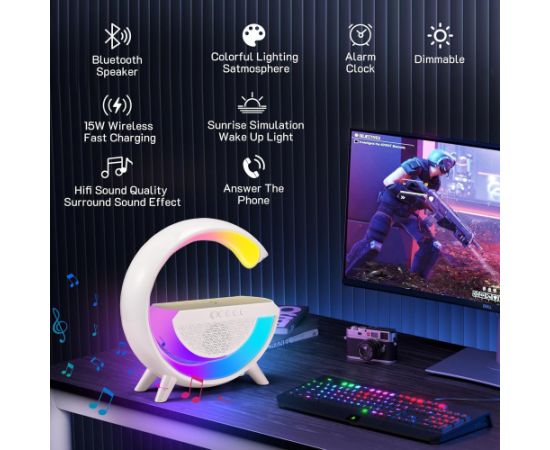 Elight G formas skaļruņa lampa ar RGB LED apgaismojumu un bezvadu viedierīču uzlādes ierīci balts