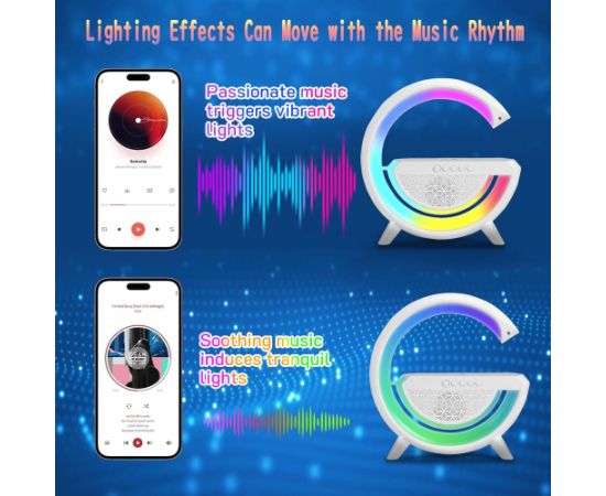 Elight G formas skaļruņa lampa ar RGB LED apgaismojumu un bezvadu viedierīču uzlādes ierīci balts